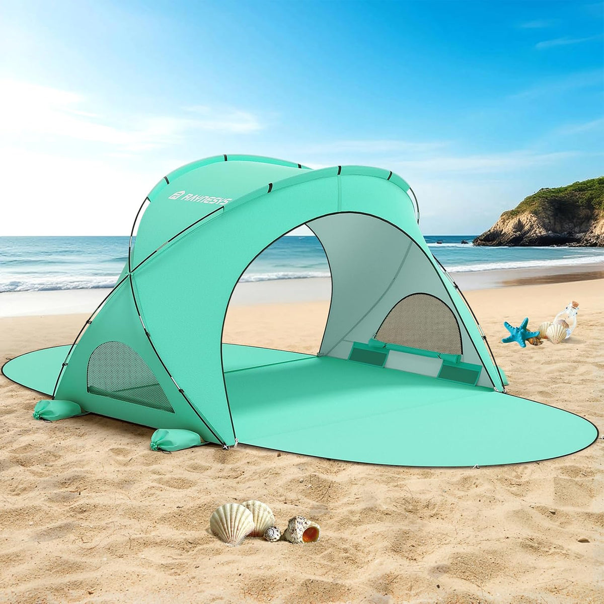 Raynesys Beach Tent - Portable Sun Shelter for 1-3 People | Green Shade with 2 Zippered Doors