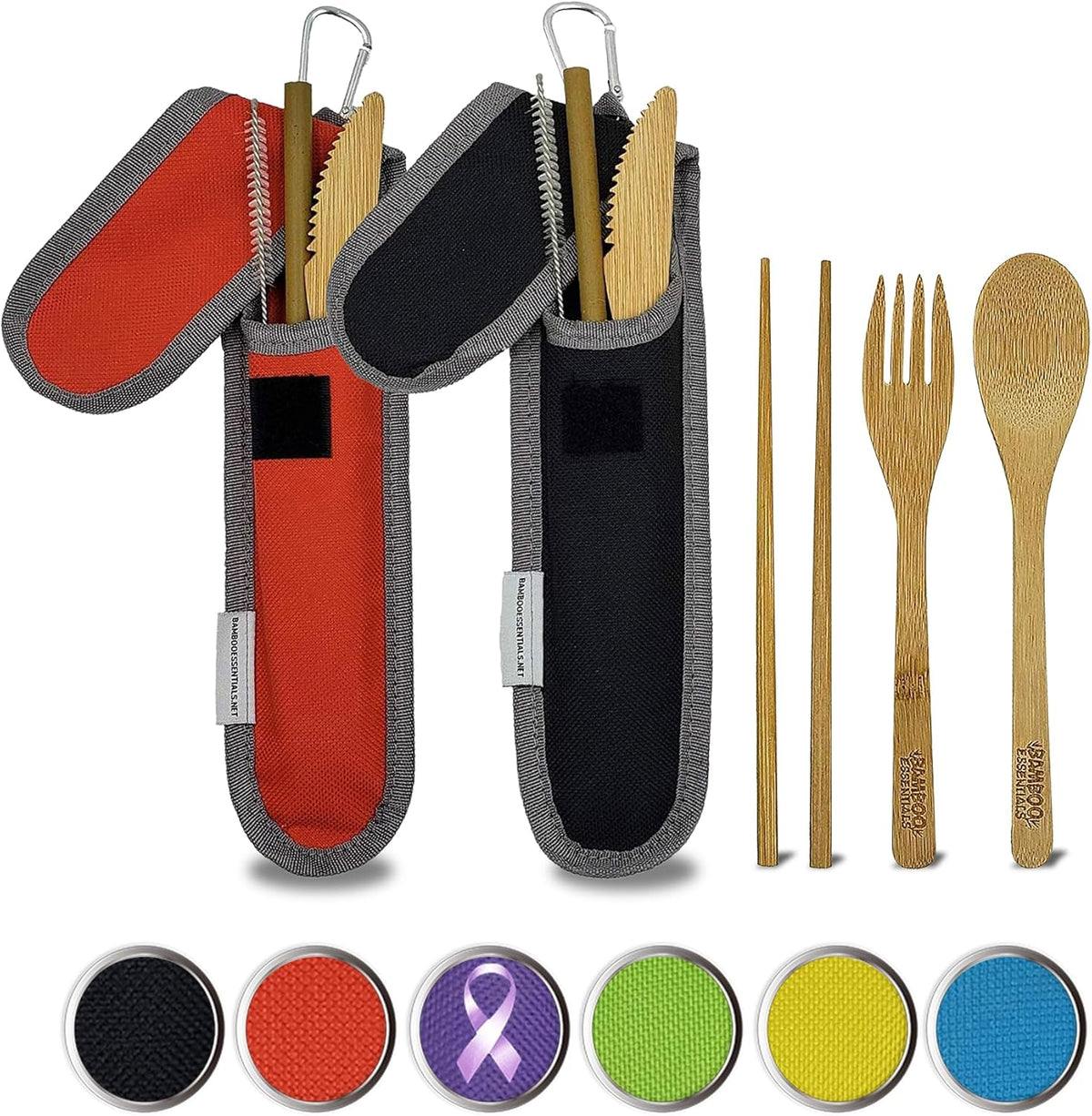 Travel Utensils with Case Set Fork, Knife, Spoon, Chopsticks, Straw, Straw-cleaning brush, Travel Pouch and Carabiner, Excellent For Everyday Use! ((2 Sets) Midnight Black/Sunset Red)