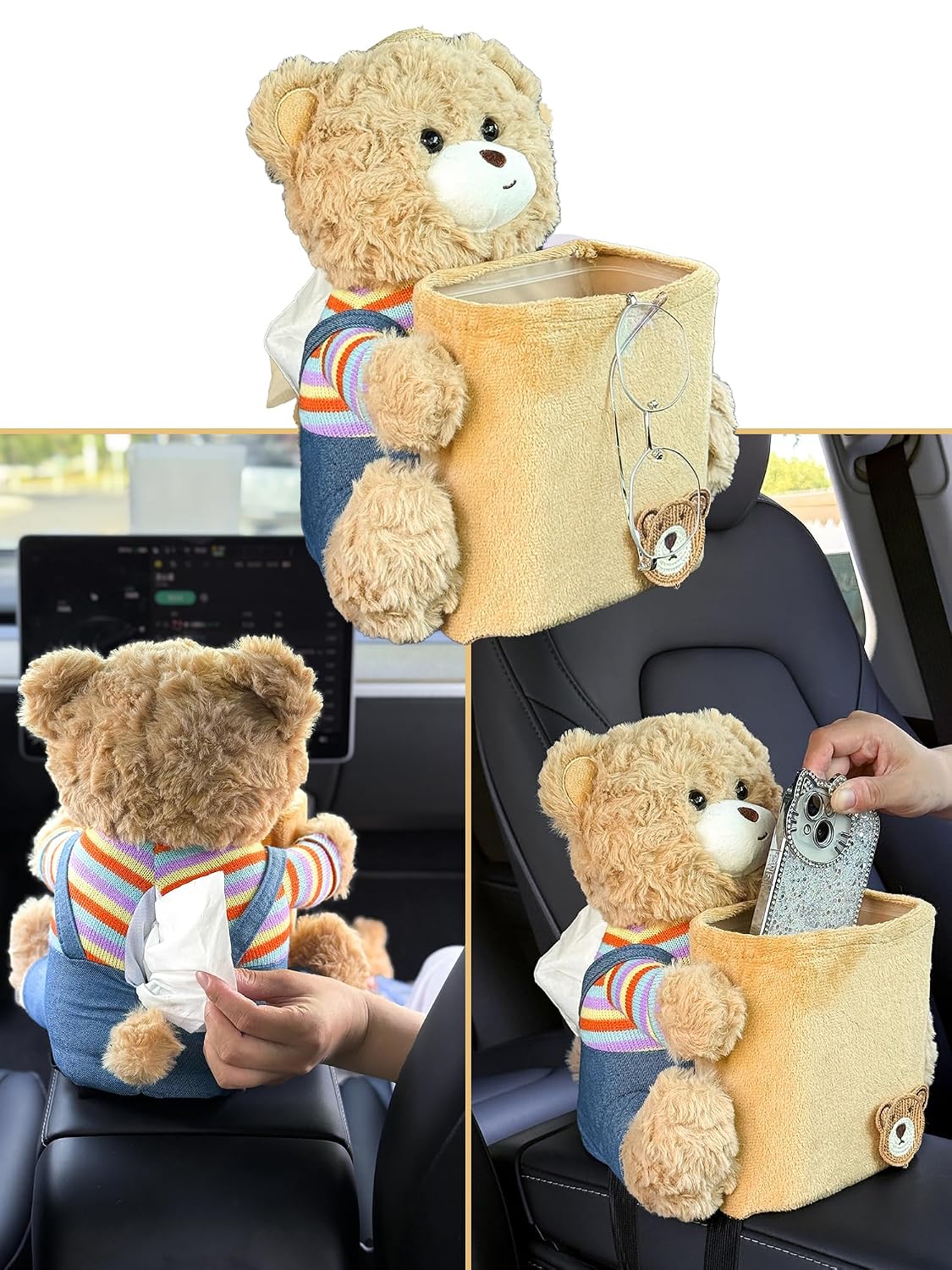 Cute Plush 2 in 1 Car Tissue Box and Trash Can Teddy Bear Tissue Box Plush Animals Cute Holder Plushie Multifunctional Organizer Creative Accessories for Women,Straw Hat Bear