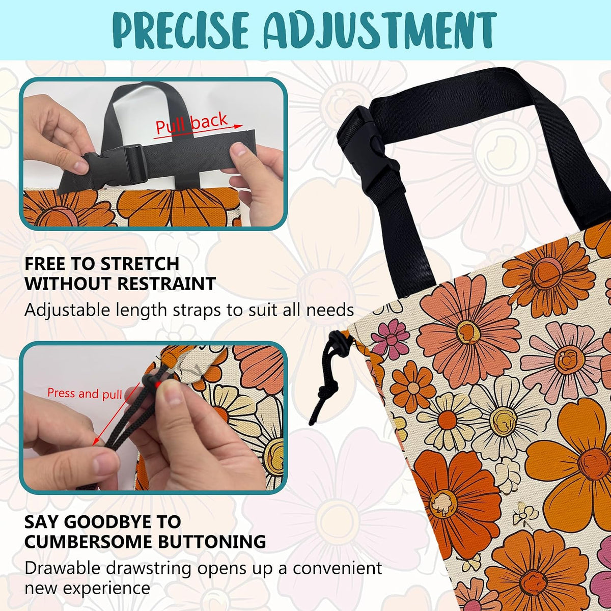 Car Trash Bag Hippie Vintage Flowers Leak-Proof Car Garbage Bag with Drawstring Foldable Canvas Trash Bin with Adjustable Buckle for Car Accessories, Travelling, Camping