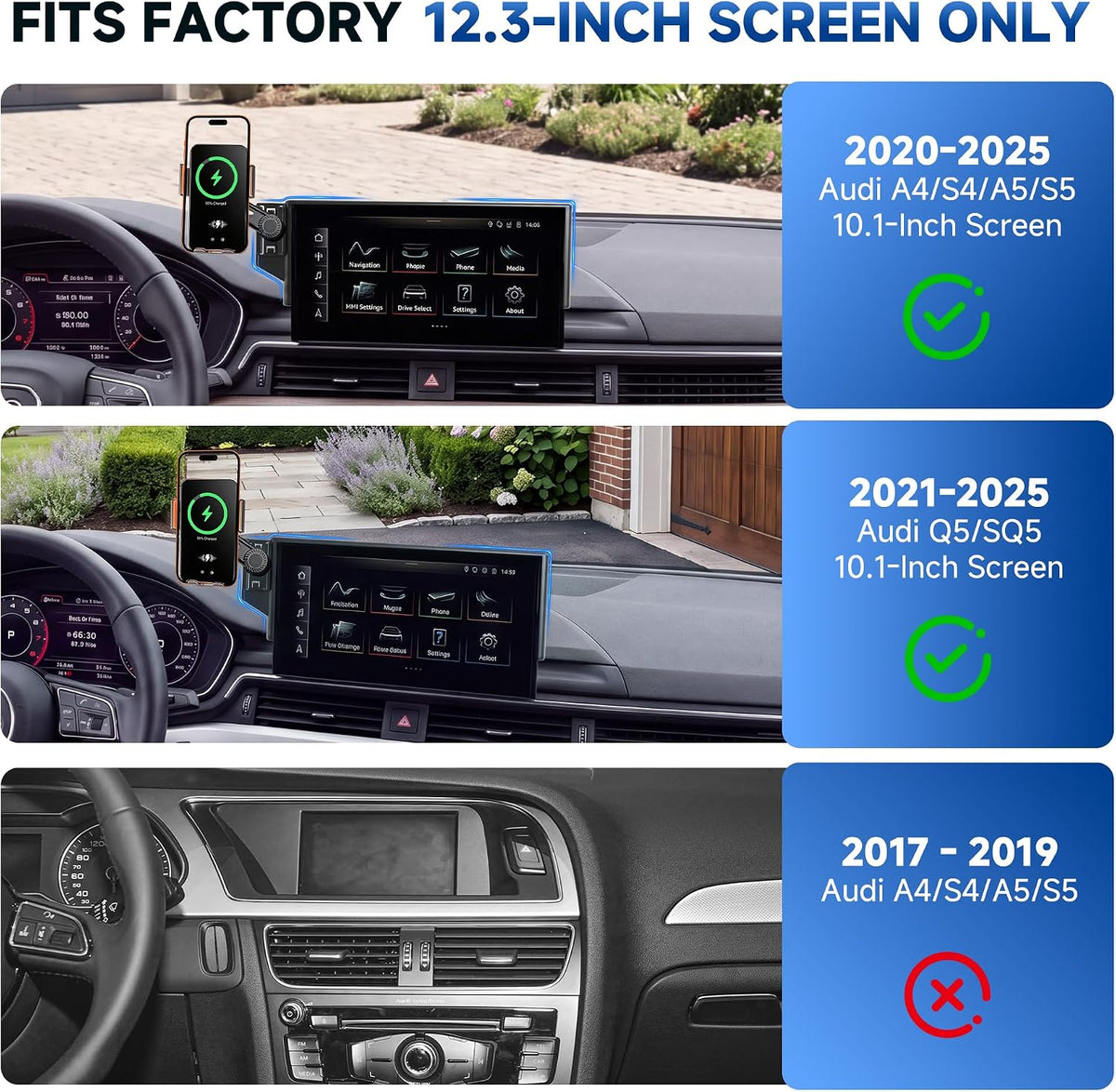 Car Phone Holder for 2020-2025 Audi A4/S4/A5/S5 & 2021-2025 Q5/SQ5 Accessories, 10.1-Inch Center Screen Phone Mount with Up to 15W Fast Wireless Charging, Auto-Clamping, 360° Rotation