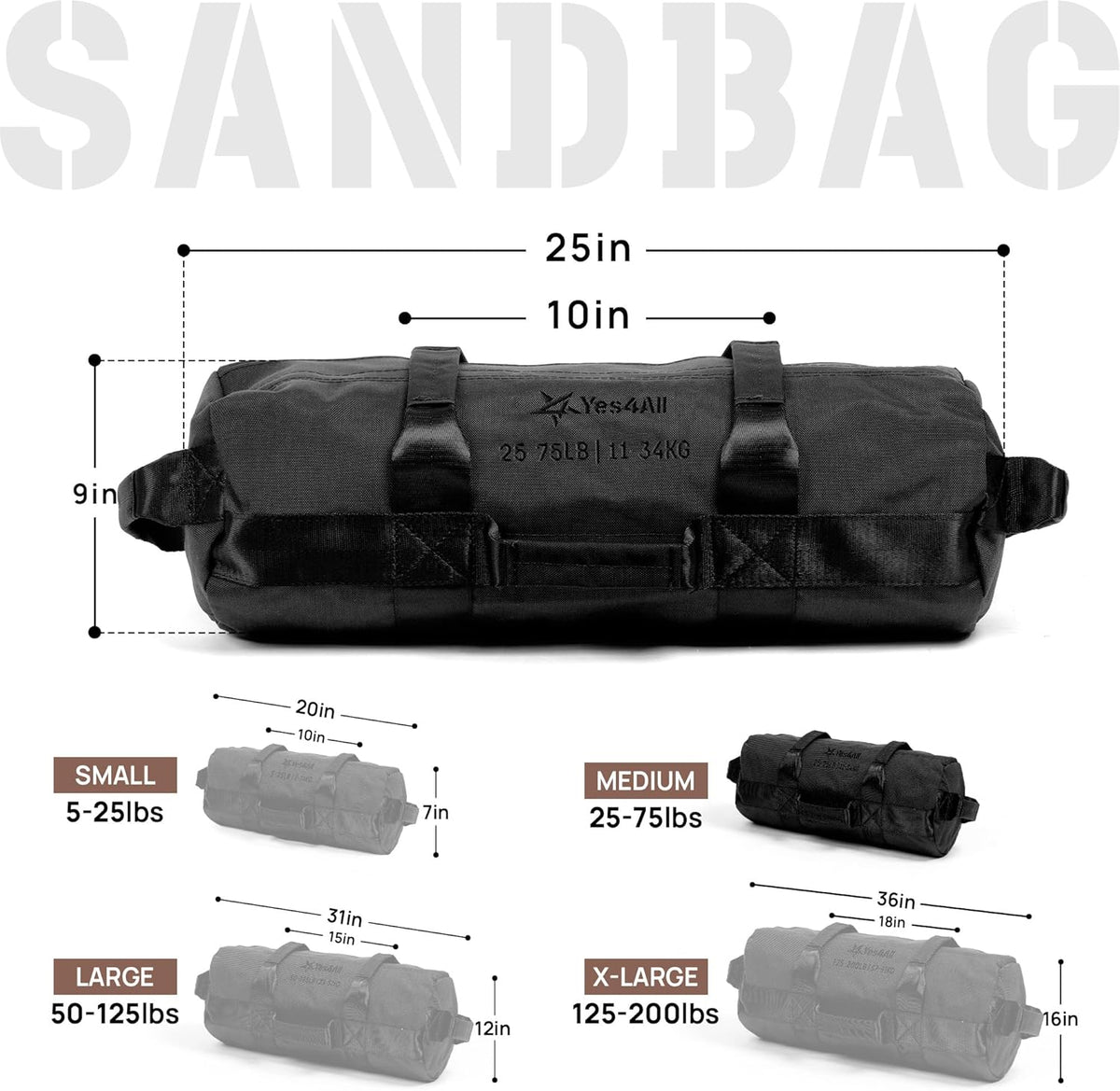 Yes4All Sandbags - Adjustable Weight Training Sand Bags with Handles | Multiple Sizes 5-200lbs