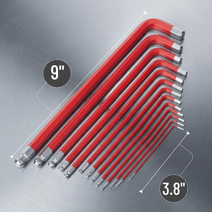 Bates- Long Allen Wrenches Sets, 13 Pack, 3.8" to 9" Length, SAE Hex Key Set (3/64" to 3/8"), Long Allen Wrench Set with Exrta Long Arm and Ball End for Precision, Mechanics, DIY, Home Repairs