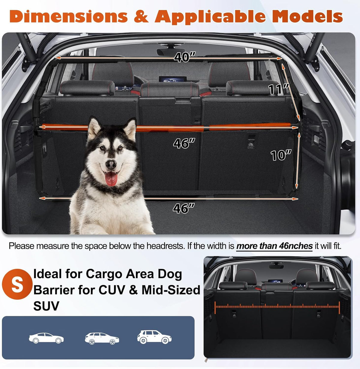 Dog Car Barrier for Back Seat & Trunk - 46" Wide for Compact SUV and Cars