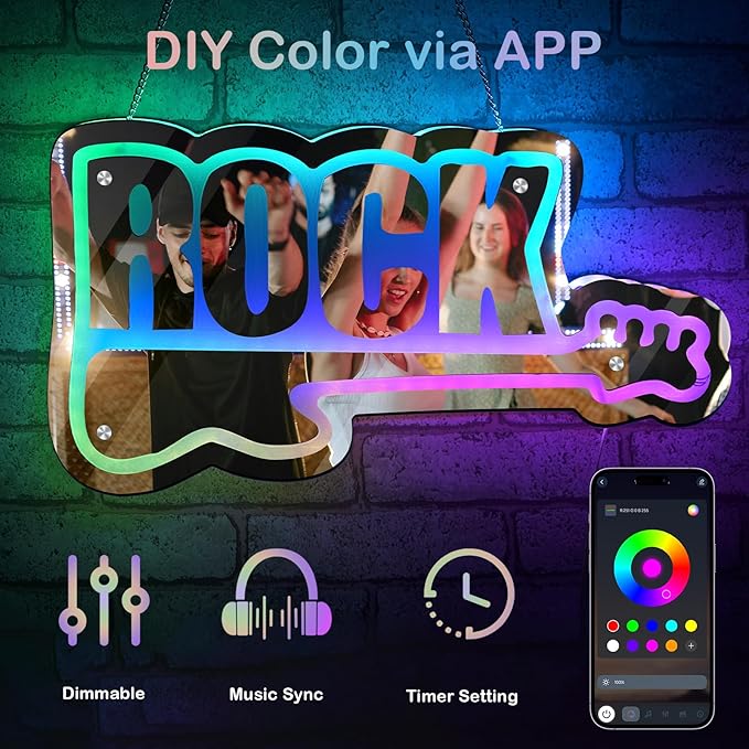 ROCK Neon Sign with Guitar Design Color Changing Mirror LED Wall Light App Control DIY Color Live Music Neon Light Music Party Bar Pub Decor LED Guitar Gift for Kpop Fans Guitar Players