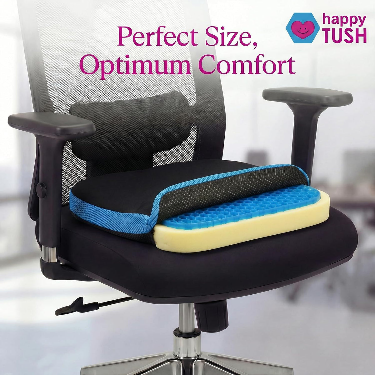 NOVA Happy Tush Gel Cell & Memory Foam Seat Cushion — Dual-Layer Pressure-Relief, 2.5" Thick, Foldable & Portable, Water-Resistant, Washable Non-Slip Cover, Home, Office & Travel