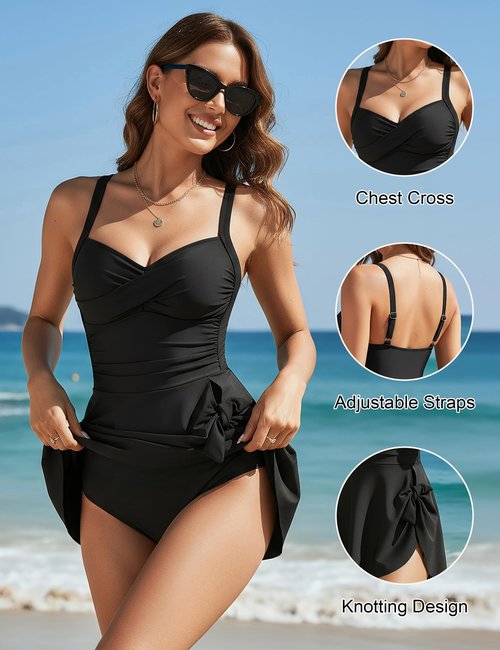Blooming Jelly Womens One Piece Swim Dress Tummy Control Swimsuits Modest Bathing Suit Full Coverage Swim Skirt(Black,Large)
