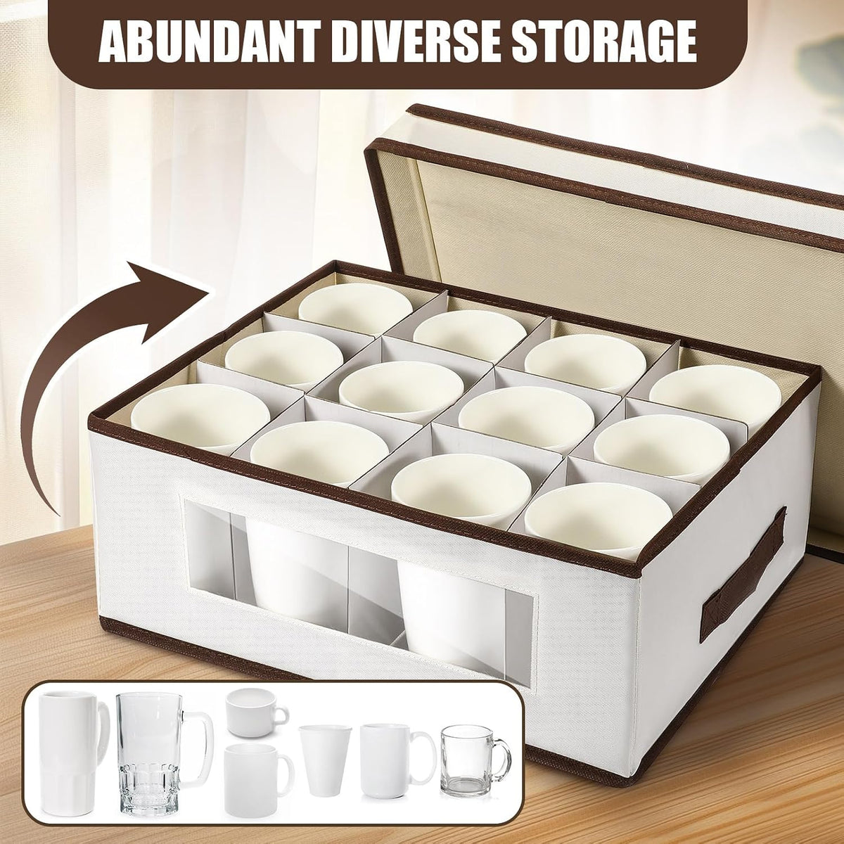 Norme 3 Pack Mug Storage Box with Dividers, 12 Compartments Stemware Storage Cases Champagne Flute Box with Lid Handle Window, Stackable China Container Organizer for Moving