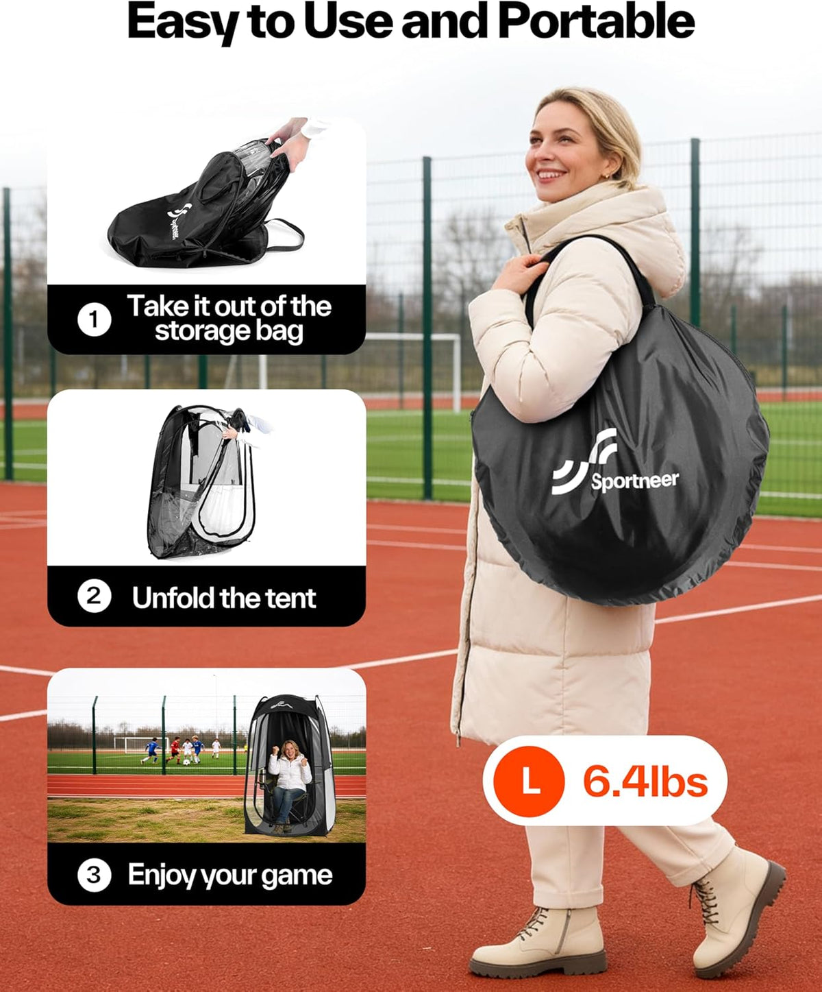 Sportneer Sports Tent - 1-Person Instant Shelter with Ultra Visibility | Lightweight Pop-Up Design for Cold Weather, 37" L x 37" W x 63.5" H