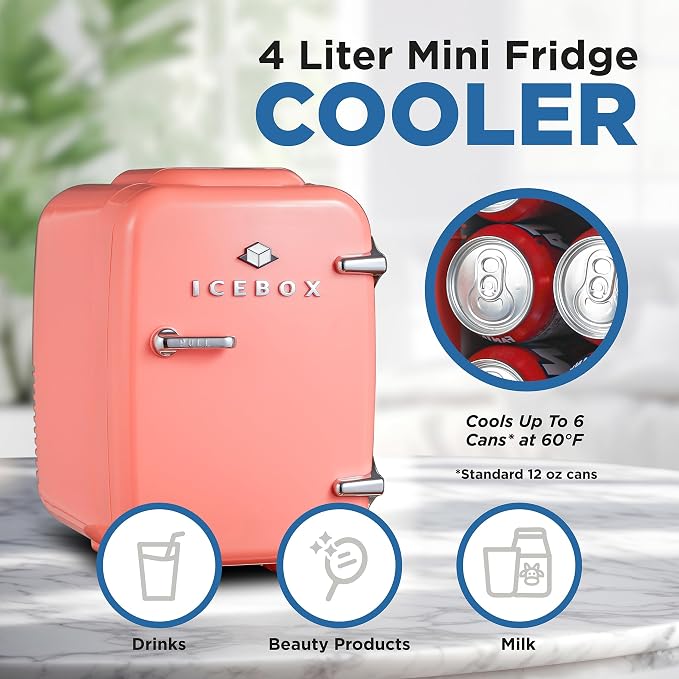 IceBox 4-Liter Mini Fridge Cooler/Warmer, IBMF4BLS, Blush Red | Portable Refrigerator Holds 6 Cans, Compact for Skincare, Beverages and Food, Includes 120V AC and 12V Car Adapters