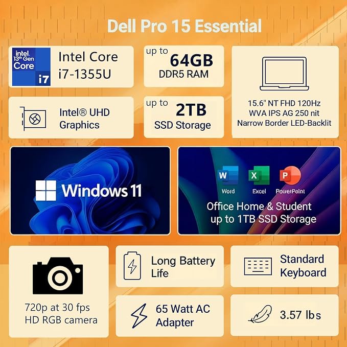 Dell Pro 15 Business Laptop, Intel Core i7-1355U, 32GB DDR5 1TB SSD | High Efficiency Office Notebook, Multi-Tasking, All-Day Battery Power, WiFi 6, Portable, FHD 120Hz Display