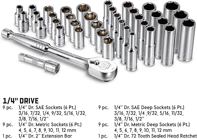 Powerbuilt 642450 38 Piece 1/4-inch Drive Mechanics Tool Set - with SAE and Metric Socket Set, 72 Tooth Seal-Head Ratchet, Automotive Tool Kit, including Case