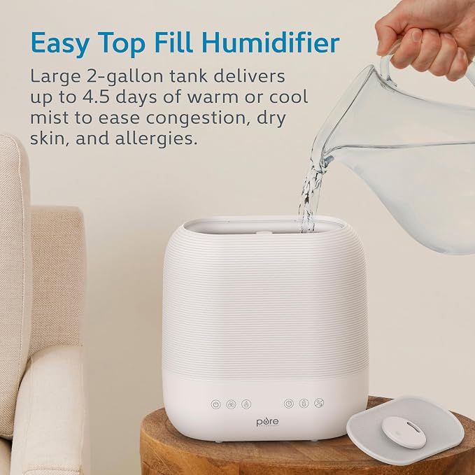 Pure Enrichment HUME Sense Warm & Cool Mist Top-Fill Humidifier, 2-Gal Tank, Up to 4.5 Days, Auto Humidity Sensor, 3 Mist Levels, Night Light, Aromatherapy, Sleep Mode & Auto Shut-Off
