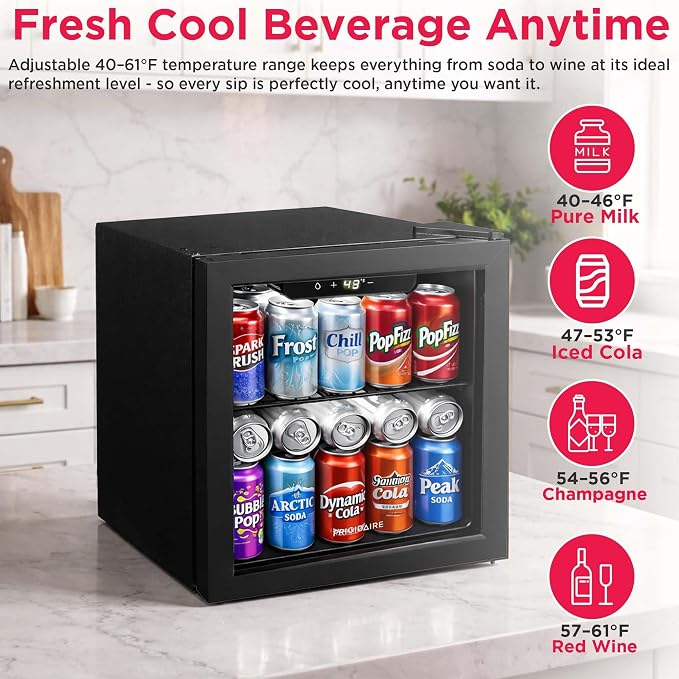 FRIGIDAIRE 12-Bottle Cooler, 1.2 Cu. Ft. Glass Door Beverage Refrigerator, Digital Display Mini Fridge with Touch Controls, Adjustable Shelves, LED Lighting & Quiet Compressor Cooling