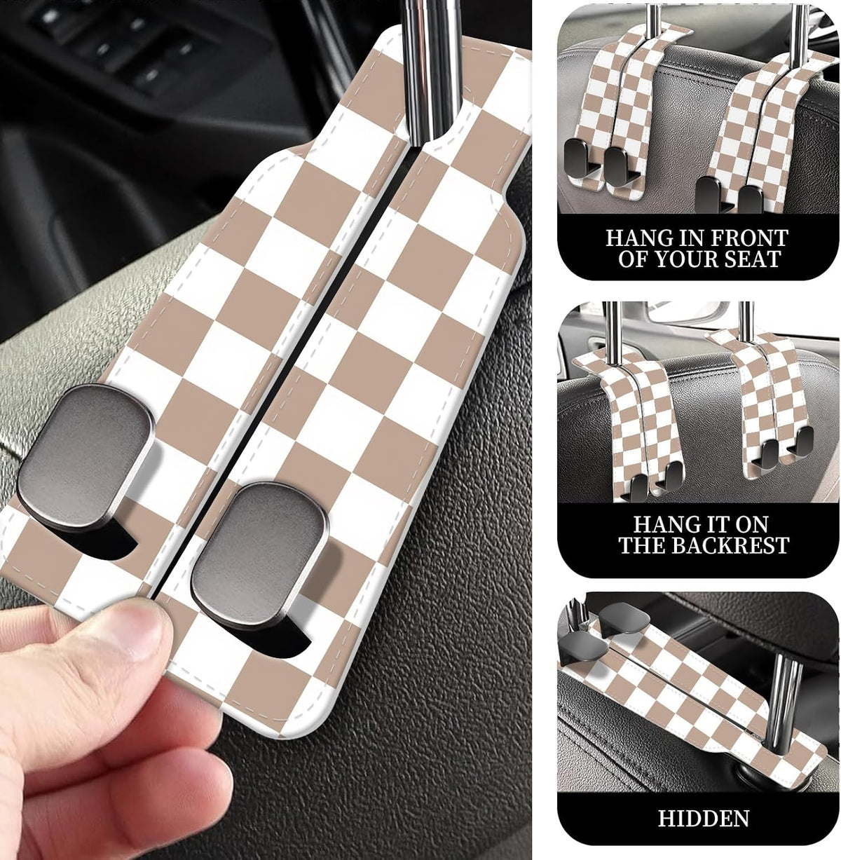 PU Leather Car Seat Hook, Storage Headrest Hanger, Cute Car Backseat Organizer, Car Hooks For Purses and Bags, Beige Checker