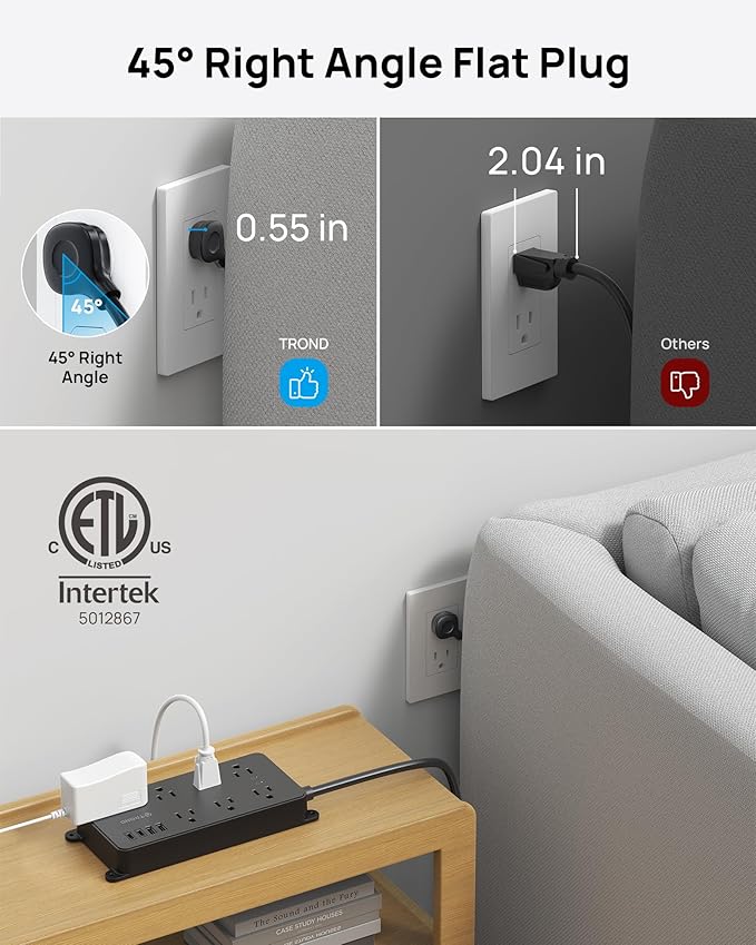 TROND Power Strip Surge Protector 10ft, ETL Listed, Flat Plug Extension Cord with 2 USB-A & 2 USB-C, Wall Mountable, 7 Widely-Spaced Outlets, 1700J, for Home Office Garage, Black
