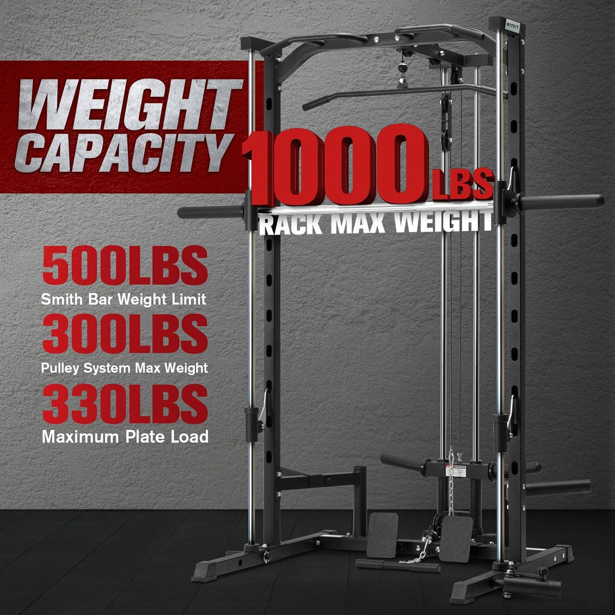 RitFit Smith Machine Power Rack - Versatile LAT Pull Down System & Barbell Training Attachments