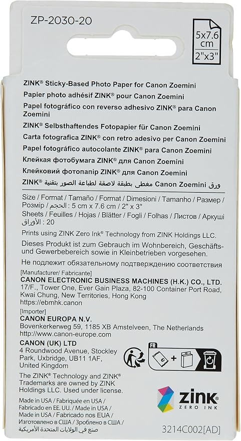 Canon Photo Paper, 20 Sheets | ZINK Technology | Sticker Paper | Pack of 2