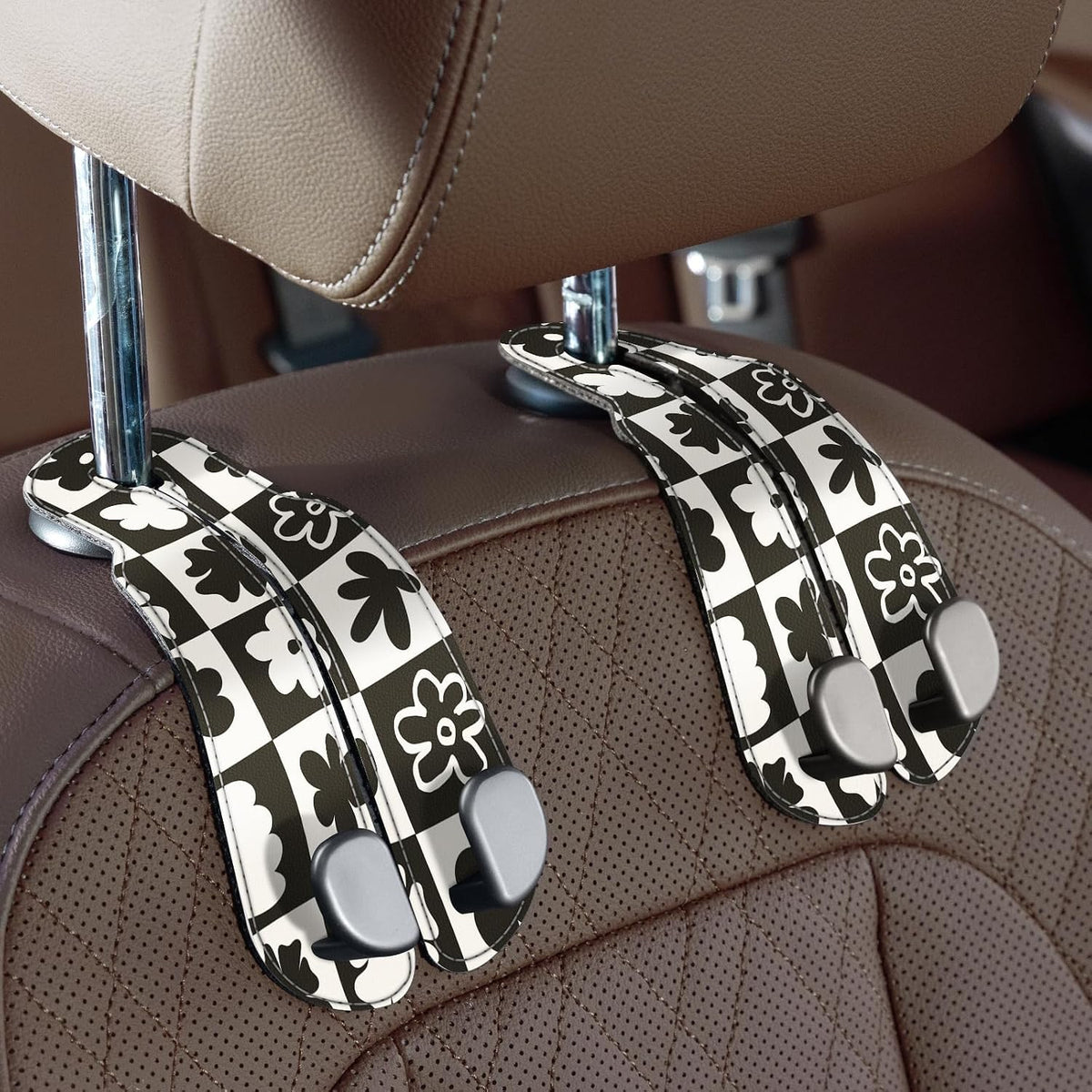 CoBak Purse Hook for Car - Universal Premium Stitched Leather and Aluminum-Magnesium Alloy Double Car Seat Back Storage Hook for Purses, Handbags, Bags (2 Pack),Chess Flower