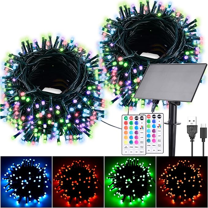 118Ft Solar String Lights Outdoor Waterproof, 18 Colors Changing 300 LED Christmas Lights Solar Powered & USB with Remote, RGB Twinkle Light for Xmas Outside Tree Yard Party Indoor Decoration