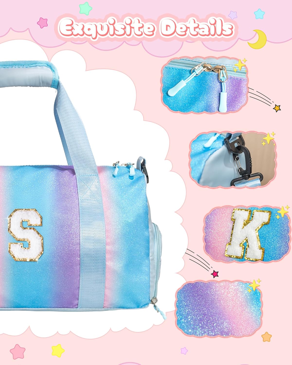 Skiennix Girls Gym Bag - Personalized Weekender Tote with Shoe Compartment & Makeup Pouch (Letter K)