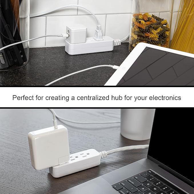 GE 3-Outlet Power Strip 5 Inch Braided Extension Cord with Multiple Outlets Grounded Flat Plug ETL Listed White 45190
