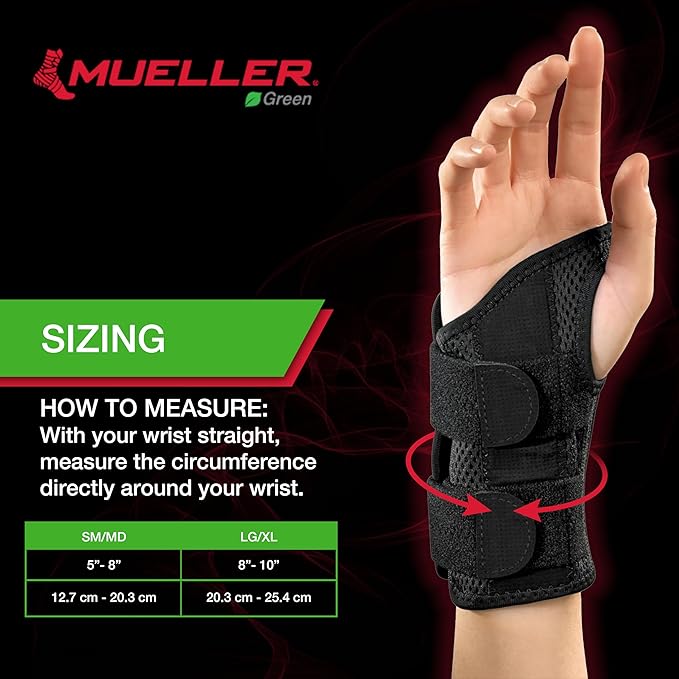 MUELLER Sports Medicine Green Fitted Wrist Brace for Men and Women, Wrist Pain Relief Support, Ideal for Carpal Tunnel, Tendonitis, Arthritis, Black