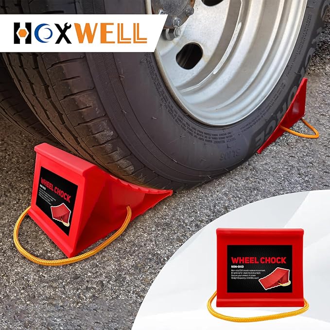 HOXWELL 2 Pair Wheel Chocks for Travel Trailers, Non Slip Heavy Duty Red Wheel Chock with Rope, Lightweight Wheel Stoppers for Cars Campers Trucks RVs, Easy to Carry & Suitable for Most Tyre Sizes