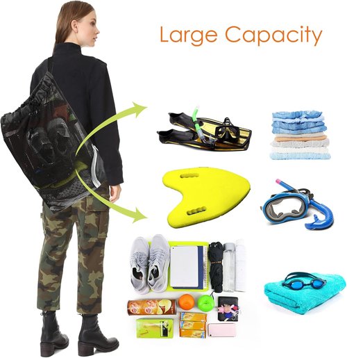 BeeGreen Mesh Drawstring Bag - Versatile Swim Backpack for Beach, Pool & Gym - Black