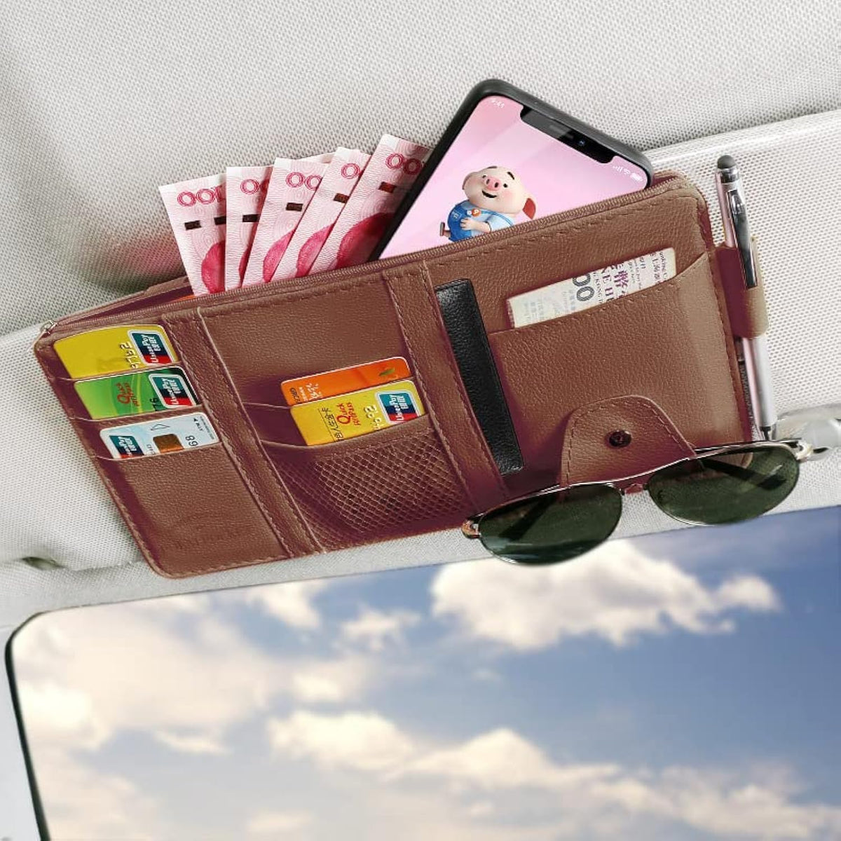 JEYODA Car Sun Visor Organizer Auto Car Visor Pocket and Interior Accessories Car Storage Organizer with Multi-Pocket Net Zippers (Style 1-Blue)