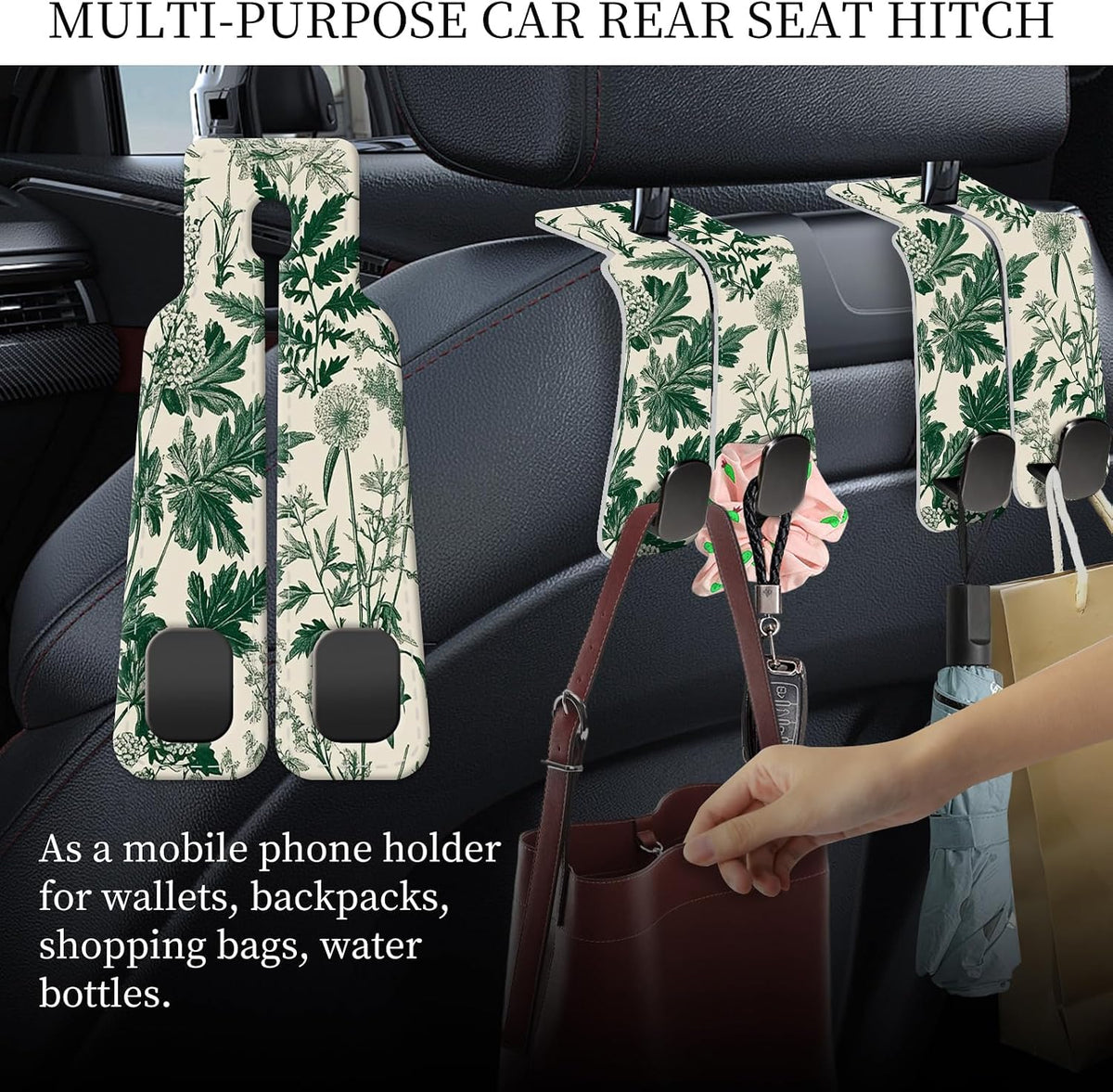PU Leather Car Seat Hook, Storage Headrest Hanger, Cute Car Backseat Organizer, Car Hooks For Purses and Bags Green Floral