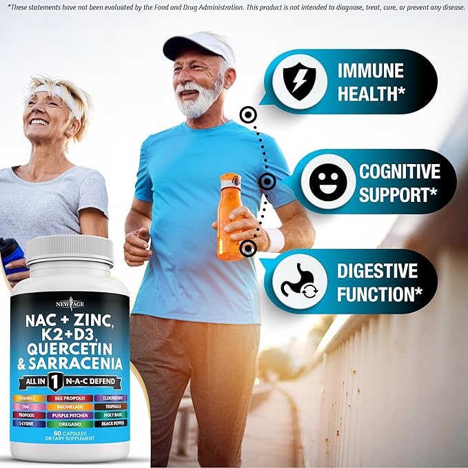 NEW AGE NAC Supplement N-Acetyl Cysteine- with Vitamin D3, K2, Zinc, Quercetin, Triphala, Sarracenia Purpurea, Elderberry, Holy Basil, Bee Propolis, Bromelain, L-Lysine - 180 Count