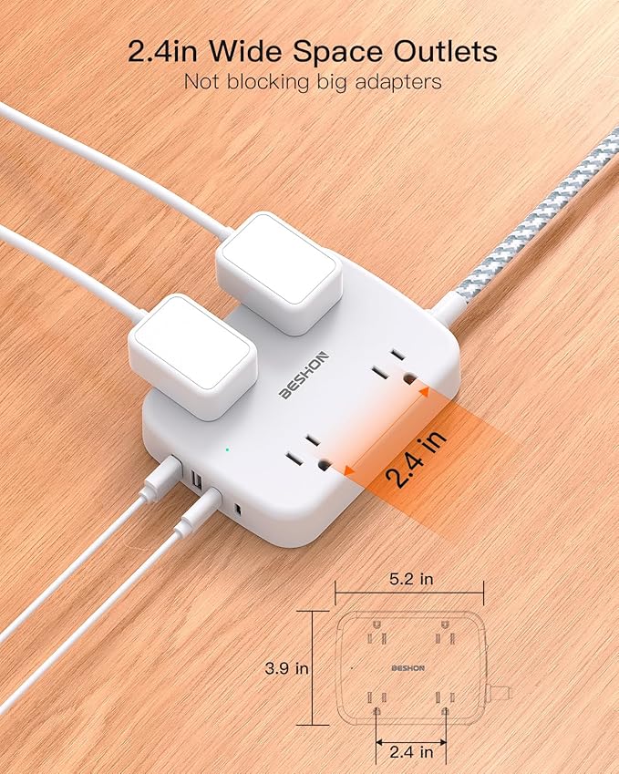 Extension Cord 15 ft, BESHON Long Power Strip with 2 USB C, Flat Plug Power Strip, 4 Outlets and 4 USB Charging Ports, Outlet Extender, 900 Joules, for Home Office Dorm Room Essentials