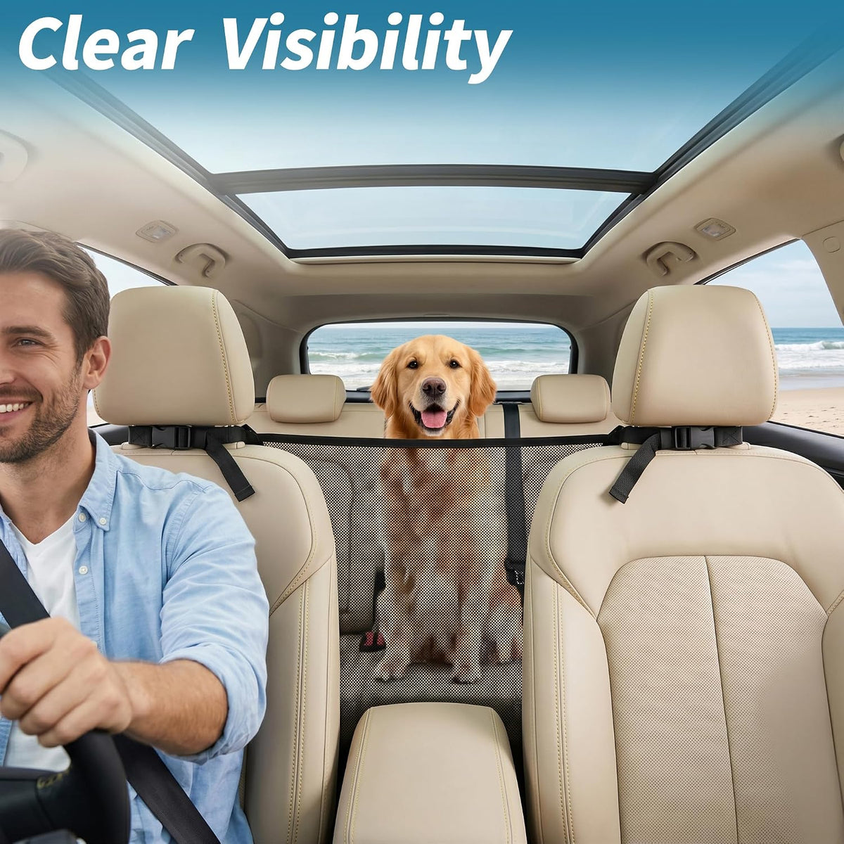 Dog Car Net Barrier for Back Seat, Pet Mesh Divider Gate Between Seats, SUV Truck Backseat Safety Barrier for Dogs Travel