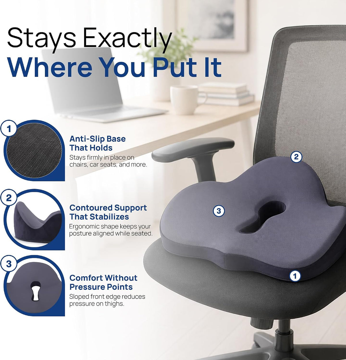 evori Comfort Cushion – Memory Foam Cushion for Office Chair, Car & Computer Chair, Ergonomic Support for Long Sitting & Daily Use