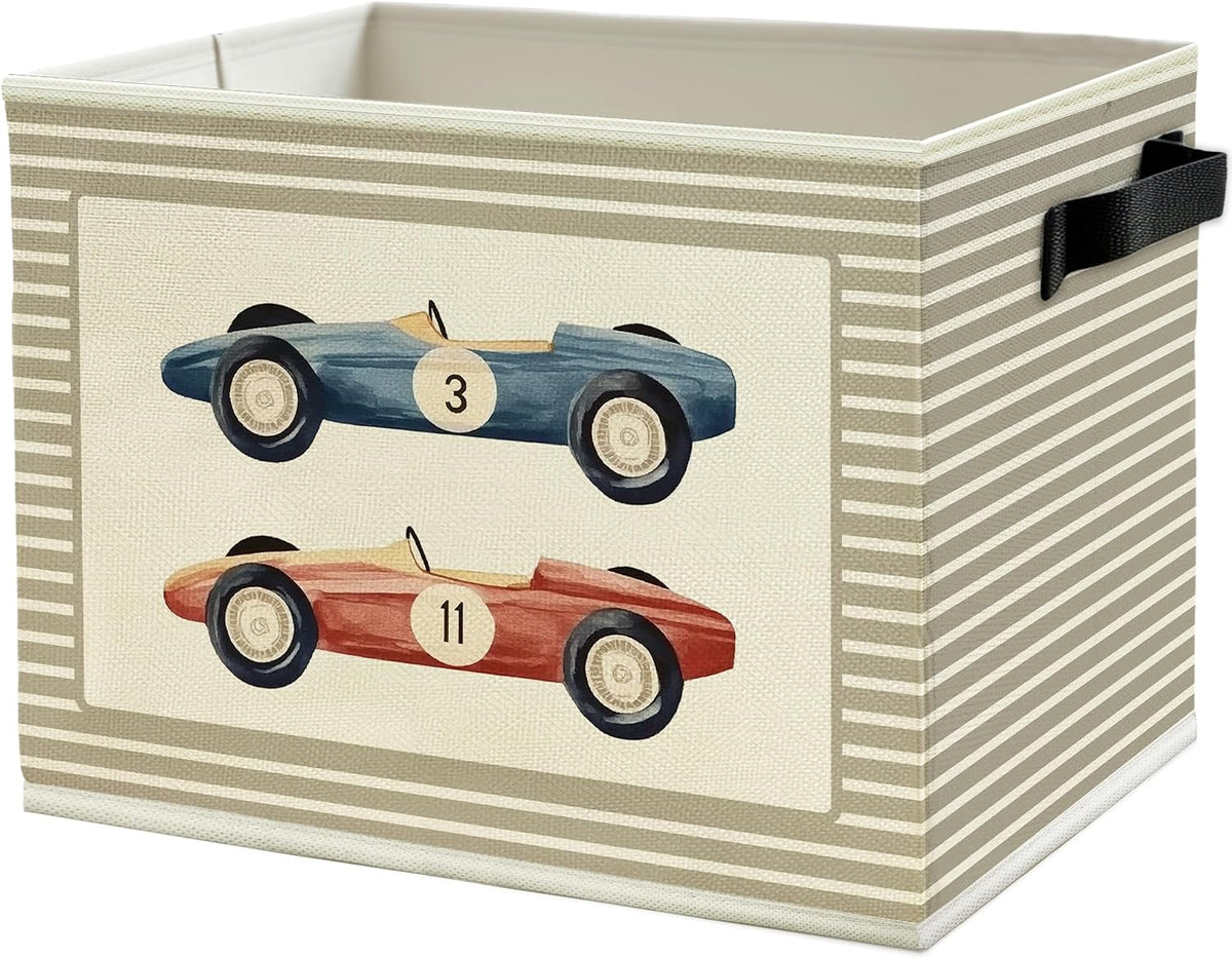 Race Car Boy Nursery Storage Bins Box with Handles, Vintage Race Car Neutral Striped Collapsible Basket Organizer for Kids Toddler Boys Room Bedroom Playroom Bathroom Toys Books Clothes