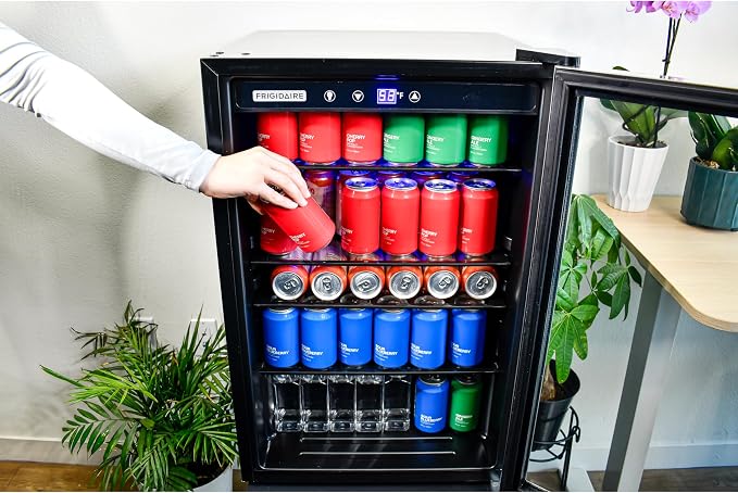 Frigidaire Beverage Refrigerator, Fridge with Glass Door, Compact Mini Fridge with Digital Temperature Control, Fits 115 Cans or 34 Bottles, 96L Capacity - 19.1" D x 17.5" W x 31.2" H