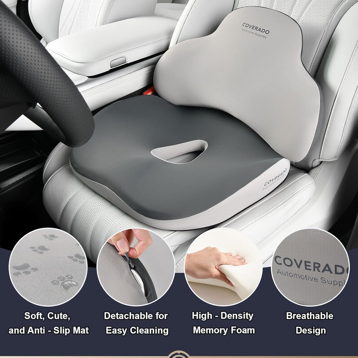 Coverado Seat Cushion and Lumbar Support Pillow for Car Office Chair, Ergonomic Memory Foam Desk Chair Cushion Back Support Pillow, Sciatica & Back & Tailbone Pain Relief Cushion
