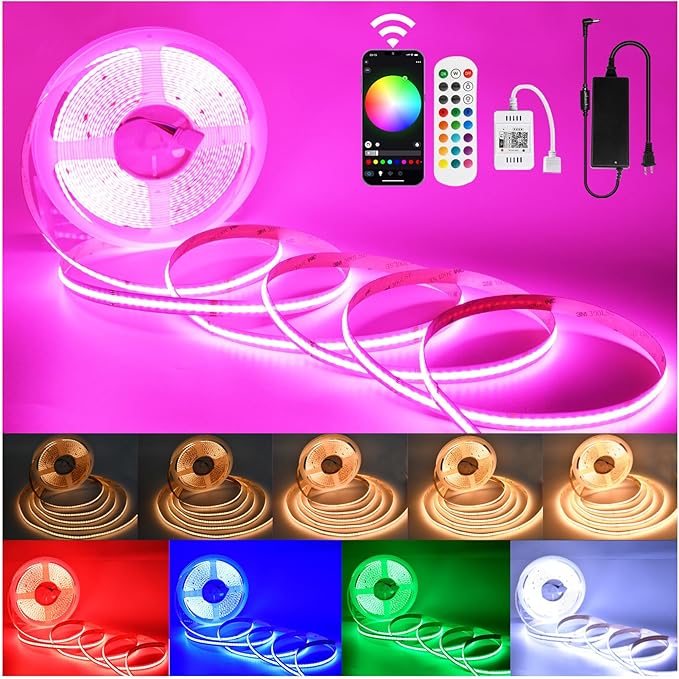 INDARUN RGBW COB Led Light Strip 32.8FT/10M, 12mm Flexible Led Tape Light 6720LEDs, 24V/8A, COB Led Light 3000K/5000K Dimmable, Bright Smart Led Strip Lights for Bedroom, TV Backlight