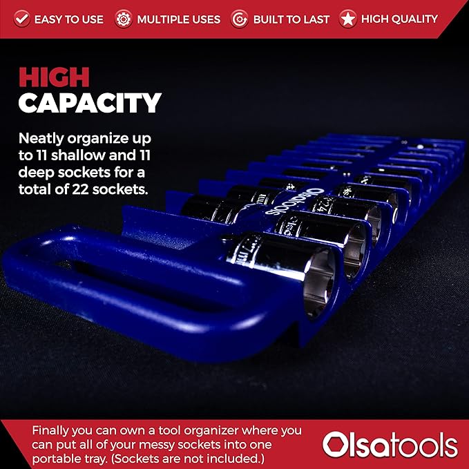 Olsa Tools Magnetic Portable Socket Organizer Tray - 1/2-Inch Drive - Blue Holder for Deep & Shallow Sockets - Fits up to 1-3/16" SAE or 30mm Metric - Quality Product for Professionals - Part 1080