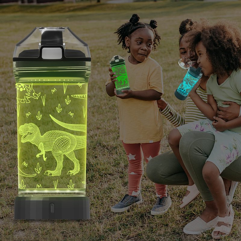 YuanDian Dinosaur Water Bottle, Light Up Boy Drinking Cups with 3D Dinosaur Night Light- 14 OZ Tritan BPA Free Eco-Friendly - Cool Jurassic Merchandise Gift for School Kids Boy Girl