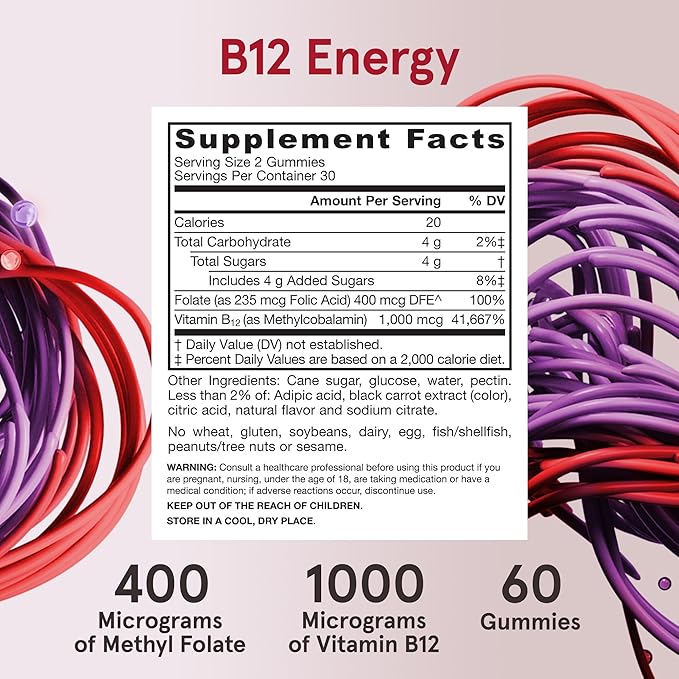 Jarrow Formulas® Methyl B12 and Folic Acid Energy, Dietary Supplement, B12 Gummies for Adults, 60 Gummies, 30 Day Supply