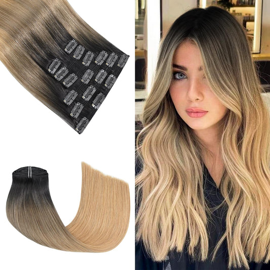 Honsoo Real Human Hair Extensions Clip Ins Medium Length 18In Dark Brown To Chestnut Brown Fading To Honey Blonde 120G 7Pcs For