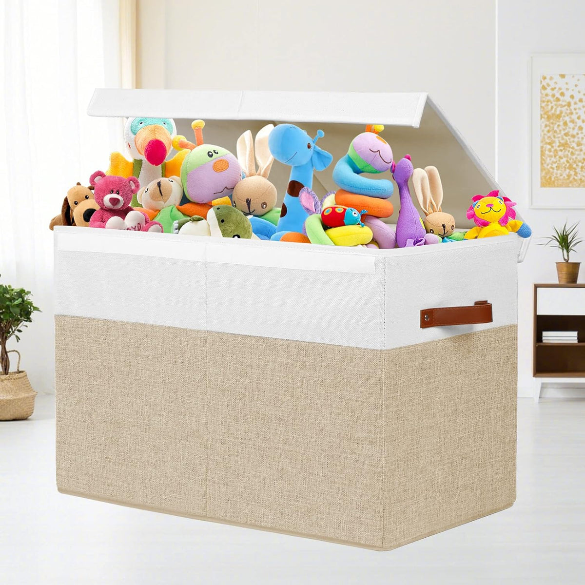 Gowee Large Toy Storage Box with Lid, Sturdy Toys Storage Chest Bin Organizer Basket with Dividers for Kids, Boys, Girls, Nursery, Closet, Bedroom, Playroom 25"x13" x16" (Beige and White)