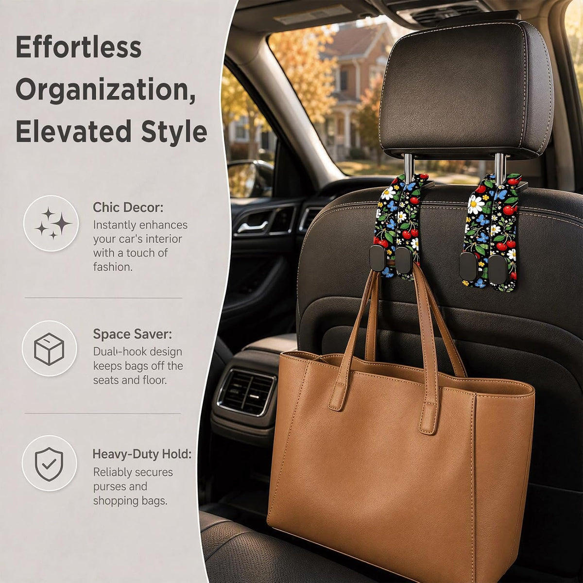 AHGSKJDG Car Seat Headrest Hook, PU Leather Car Purse Hook, Heavy Duty Double Metal Seat Back Storage Hook for Purses Handbags Bags, Car Organizer Accessories Cute Cherry Flower