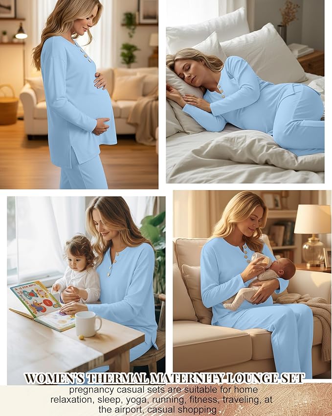 2 Piece Thermal Maternity Lounge Set Postpartum Pregnancy Fleece Loungewear Long Sleeve Top and Wide Leg Pant