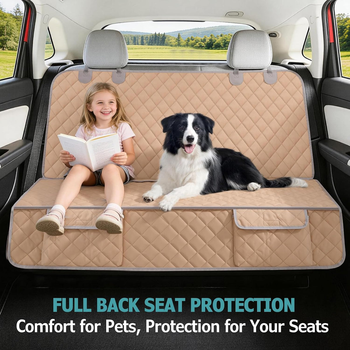 Bark Lover Dog Car Seat Cover for Back Seat Waterproof Backseat Protector, Nonslip Rear Seat Cover for Kids,Universal Size Fits Cars Trucks SUVs (Beige)