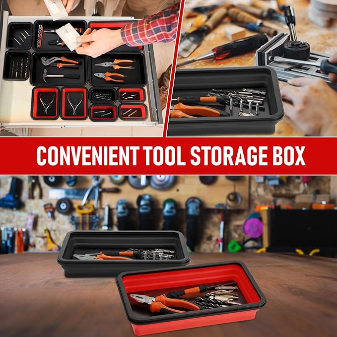 12 Pcs Collapsible Magnetic Parts Tray Set Foldable Tool Storage Organizer Magnetic Tray 3 Different Size Collapsible Bowl for Screw, Bolts, Nuts, Washers, Pins, Tool Gift for Men (Red, Black)