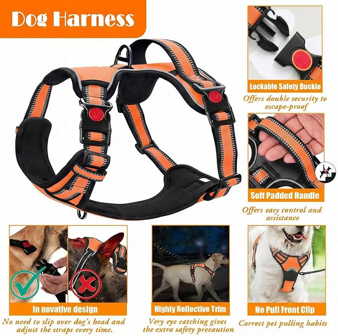 No Pull Dog Harness, Collar & Leash Set | Includes Dog Seat Belt, Collapsible Bowls & Poop Bag Dispenser. Ideal for Training, Walking, Hiking. Fits Small to Large Dogs(Orange-S)