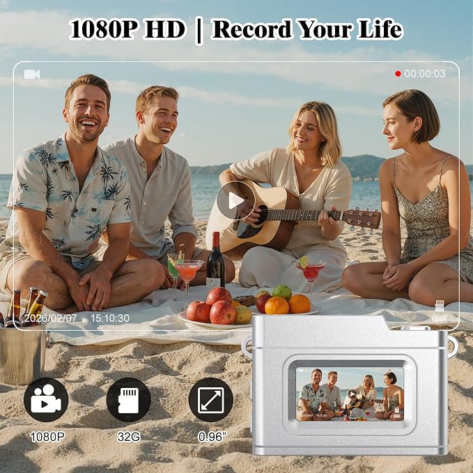 Mini Keychain Digital Camera 1080P, Ultra-Portable Small Retro Camera 32GB Card